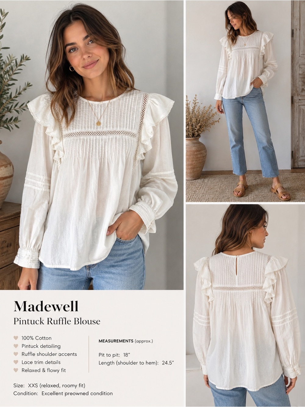 Madewell White Pintuck Ruffle Blouse XXS Cotton Prairie Cottagecore Top